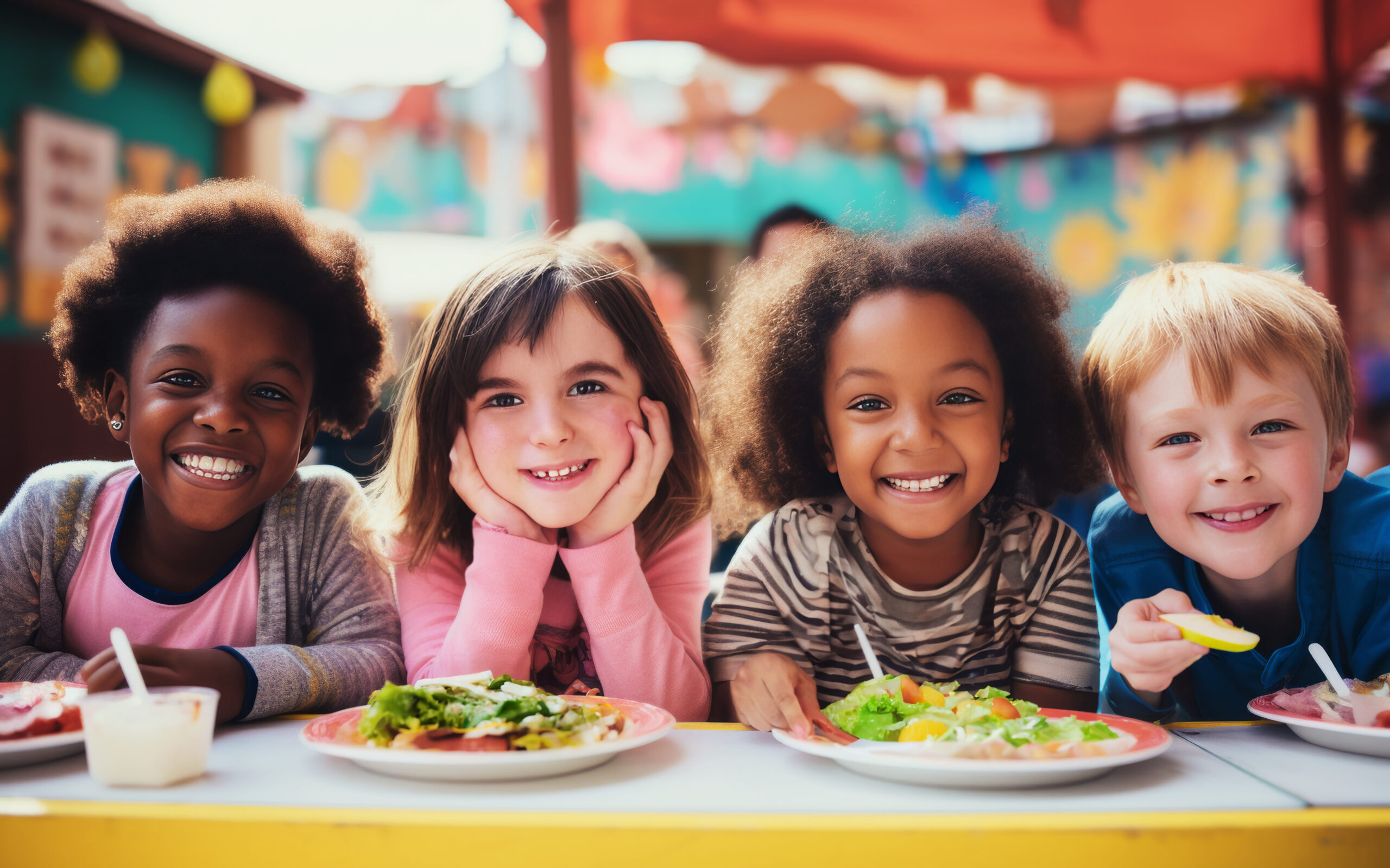 Happy and joyful children eating healthy food in the schoolyard.