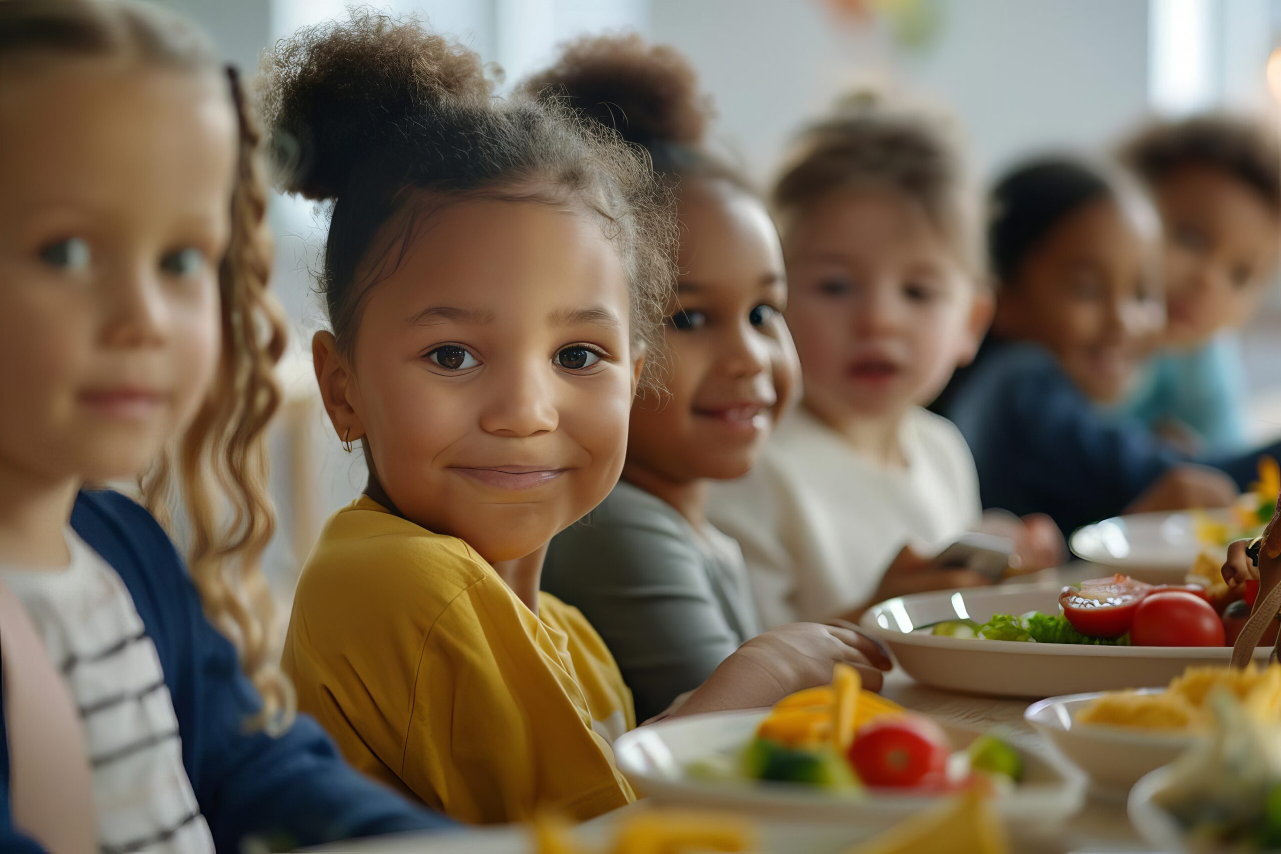 Happy and joyful children eating healthy food in the schoolyard.